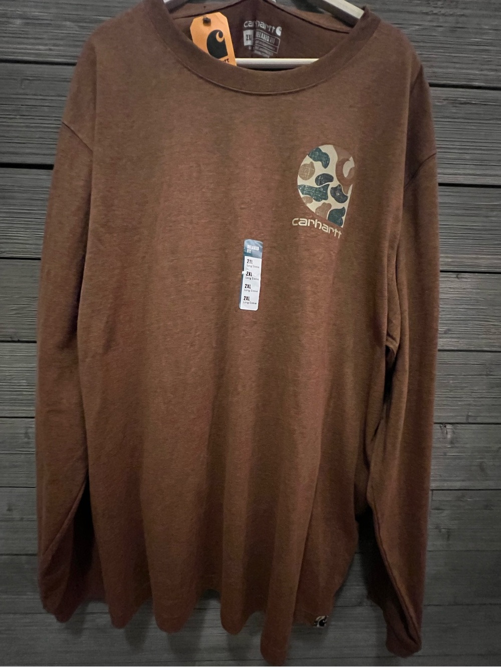 Carhartt Men's Brown Crewneck Sweatshirt with Camo Chest Logo